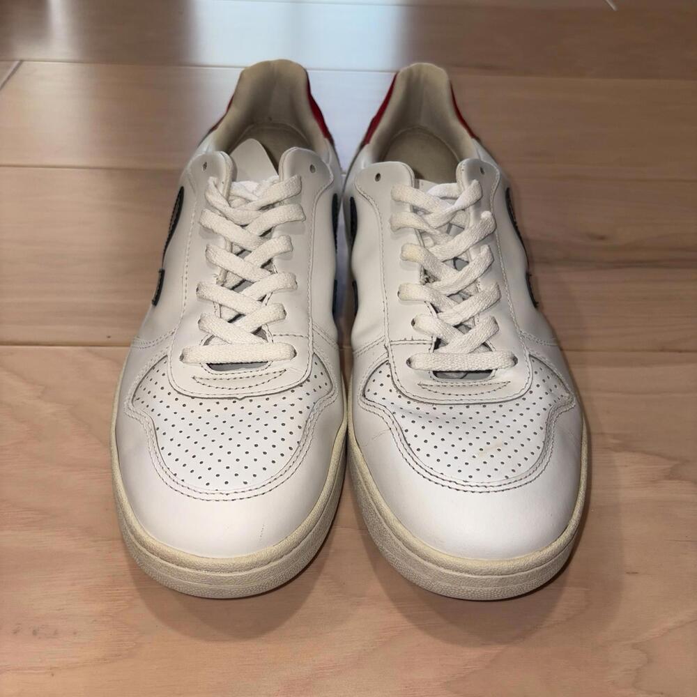 Veja V-10 Leather Sneaker in White with Navy V and Red Heel - Picture 5 of 8